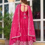 Women's American Silk Sequence Embroidery Long Anarkali Kurti Gown With Dupatta - Pink, XL